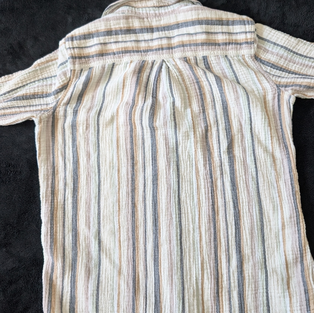 100% Cotton Button Down Shirt Parchment Stripe Minimalist Neutral Coastal Eco M image 8